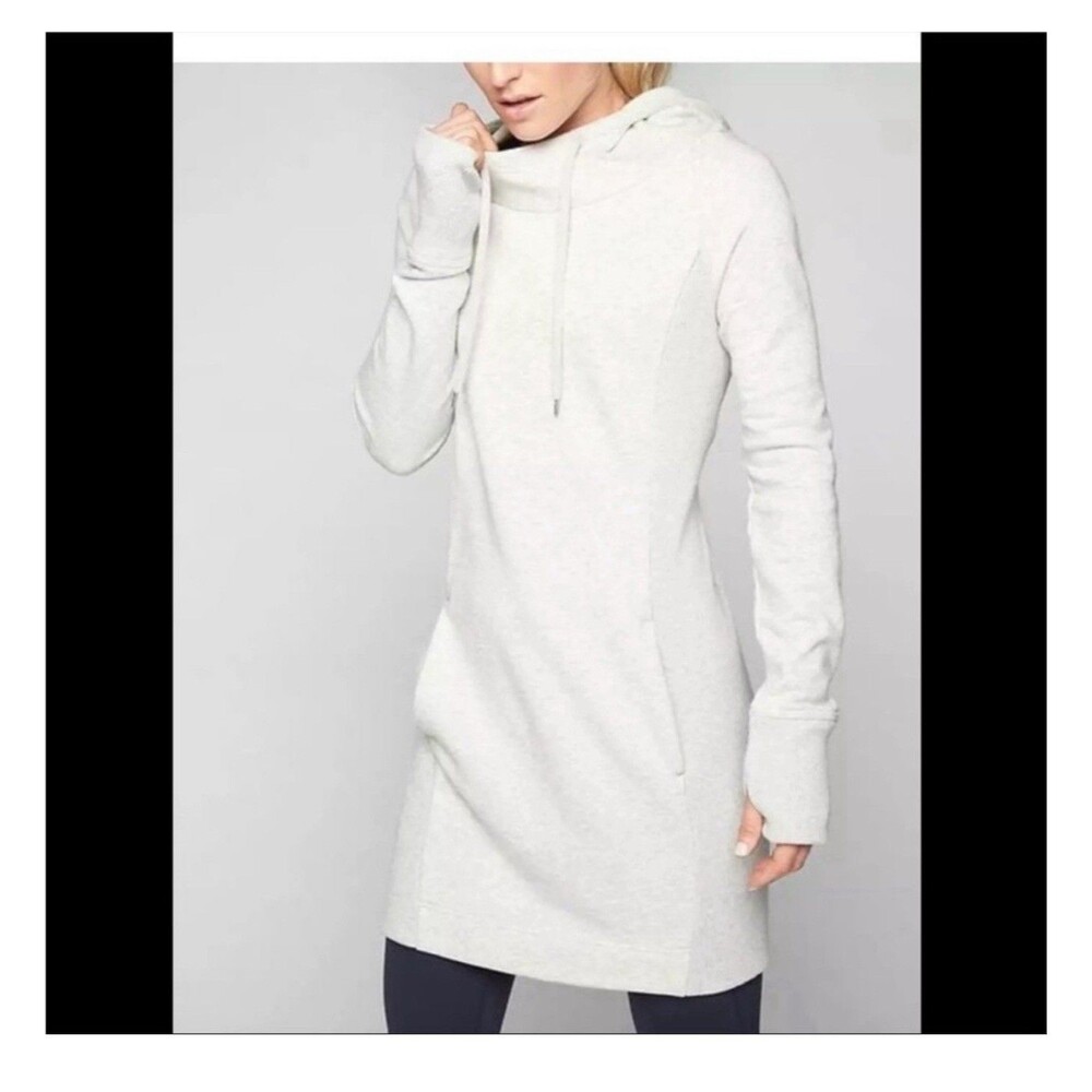 Athleta Sweatshirt Hooded Dress Kangaroo Pocket Tunic Light Grey GUC XS